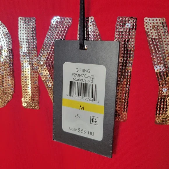 DKNY Women T-Shirt Red Sequined Shiny Short Sleeve NWT Size Medium Casual Logo - Picture 7 of 9